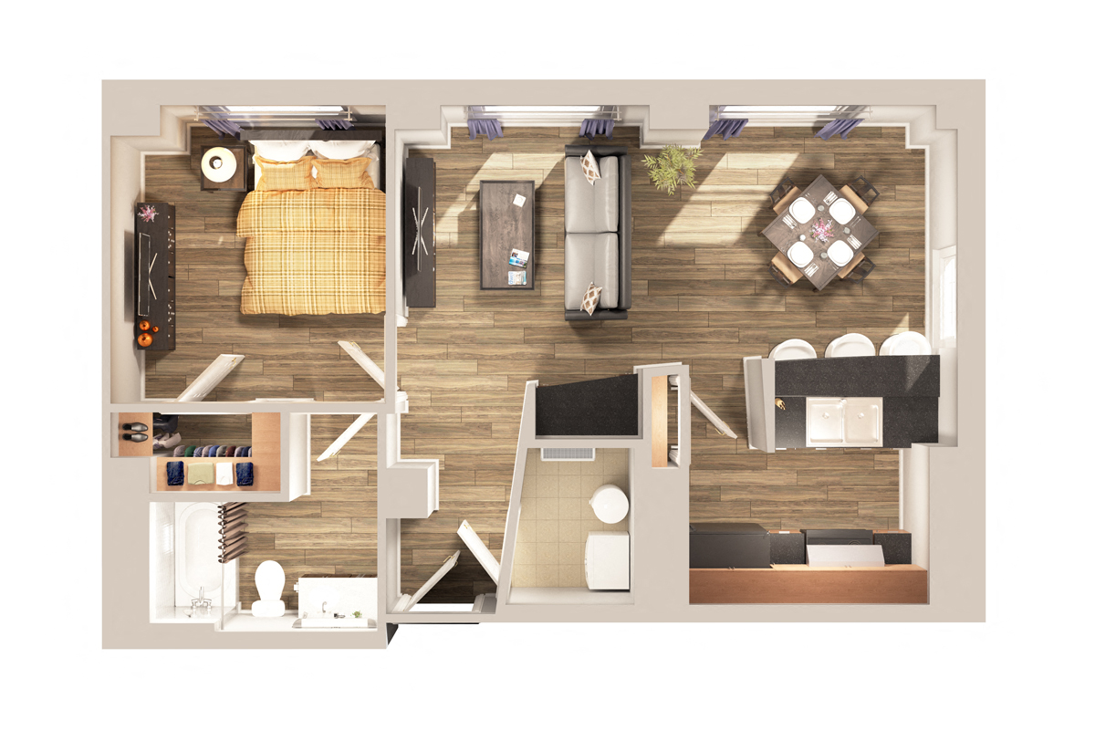 Floor plan for 1 bed, 1 bath, 718 sqft